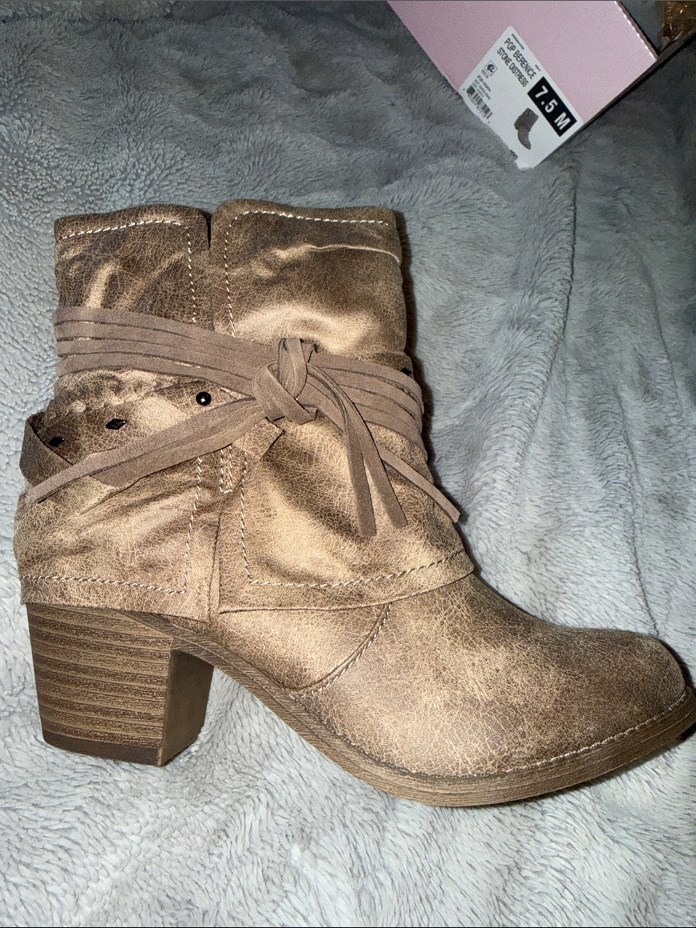 Berenice Gray Fringe Ankle Boots - Stone colored, tan